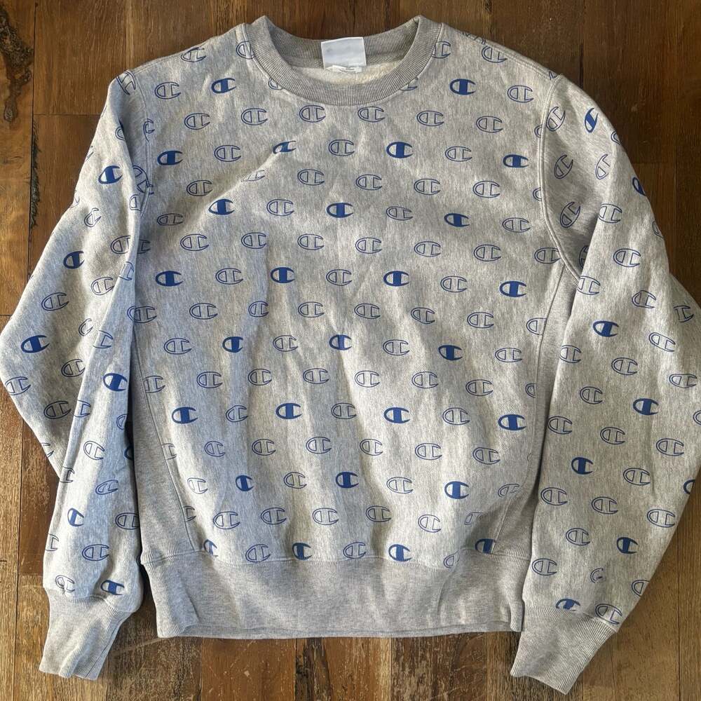 Champion Reverse Weave All Over Print Logo Crewneck Sweatshirt Grey
